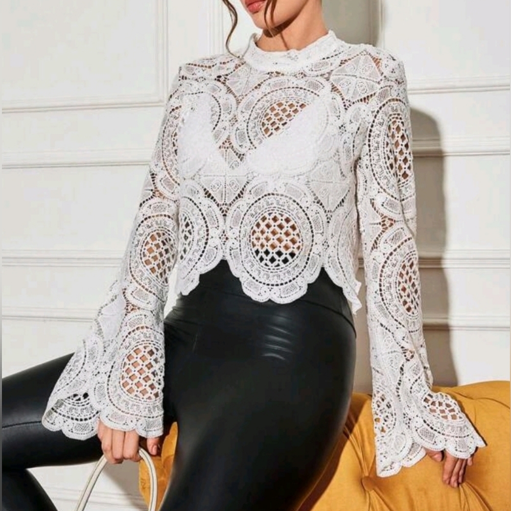 New Chic Embroidered Lace Mock Top Blouse Long Sleeve White